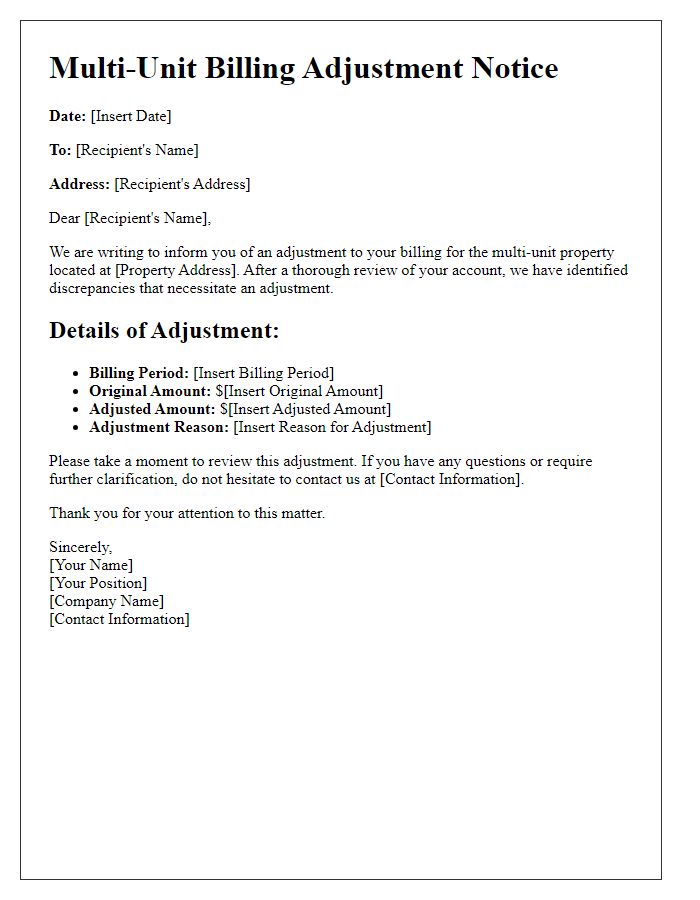 Letter template of multi-unit billing adjustment notice