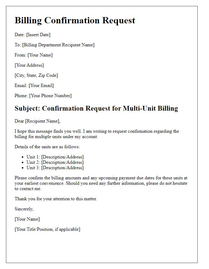 Letter template of multi-unit billing confirmation request