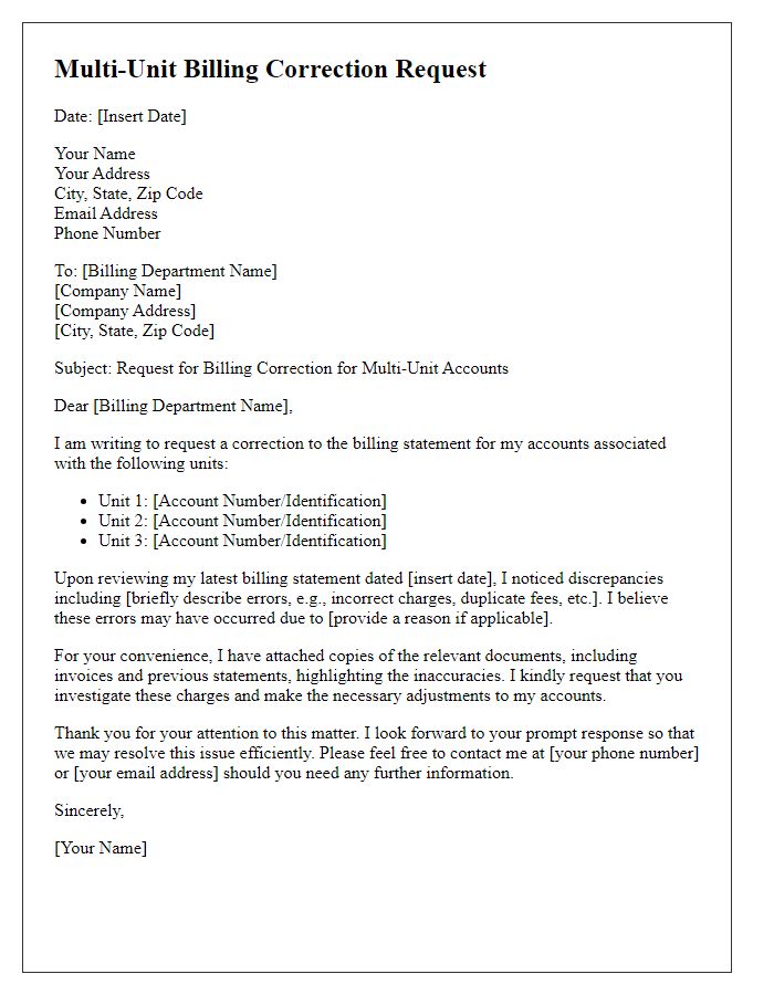 Letter template of multi-unit billing correction request