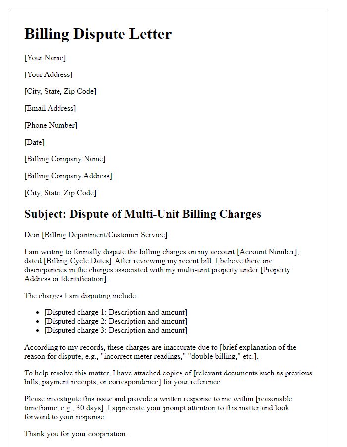 Letter template of multi-unit billing dispute