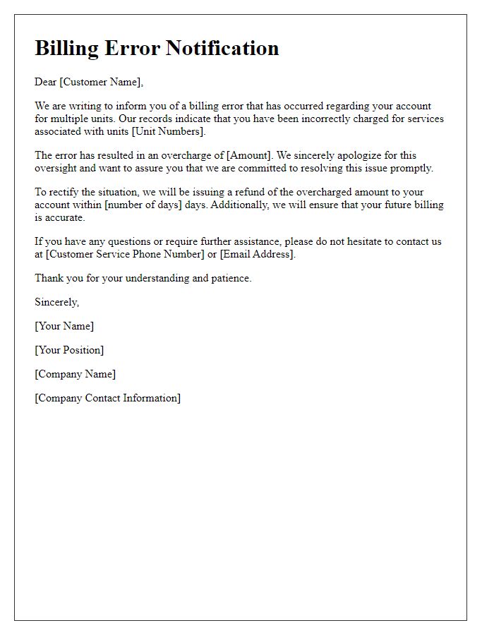 Letter template of multi-unit billing error notification