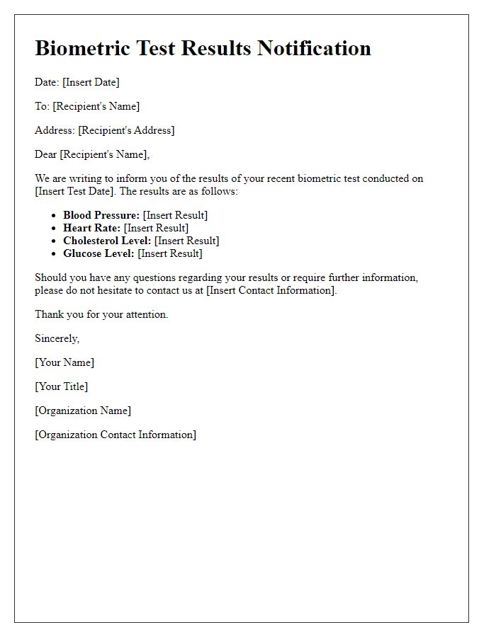 Letter template of biometric test results correspondence.