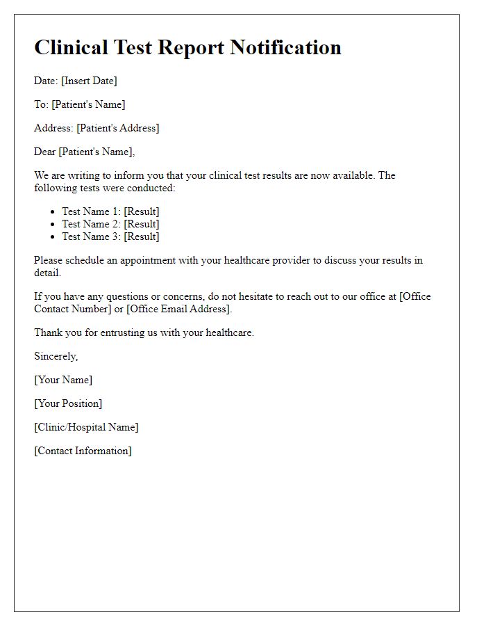 Letter template of clinical test report notification.