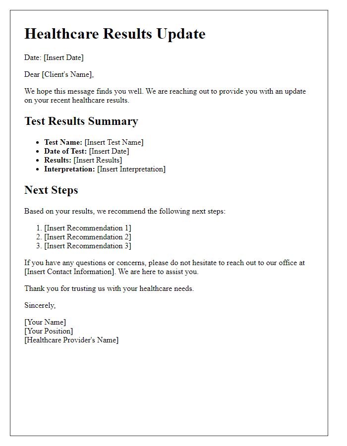 Letter template of healthcare results update for clients.