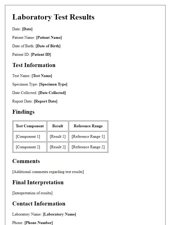 Letter template of laboratory test findings for individuals.