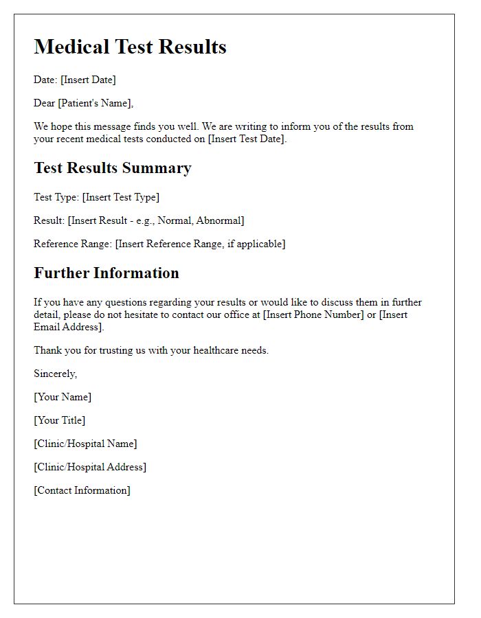 Letter template of medical test outcome communication.