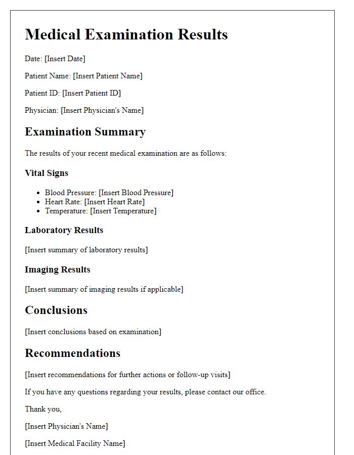 Letter template of patient's medical examination results.