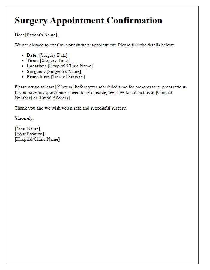 Letter template of surgery appointment confirmation for adult surgery