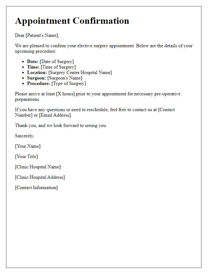 Letter template of surgery appointment confirmation for elective surgery