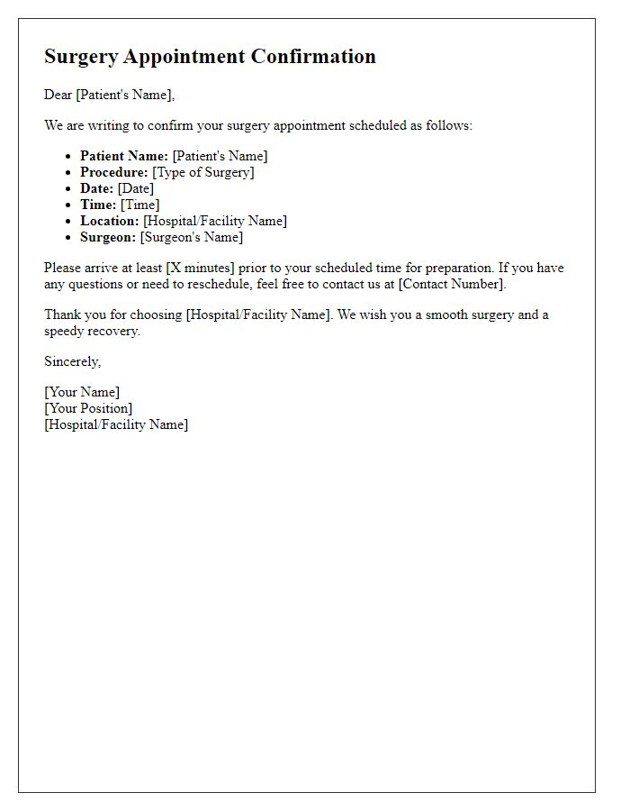 Letter template of surgery appointment confirmation for emergency surgery