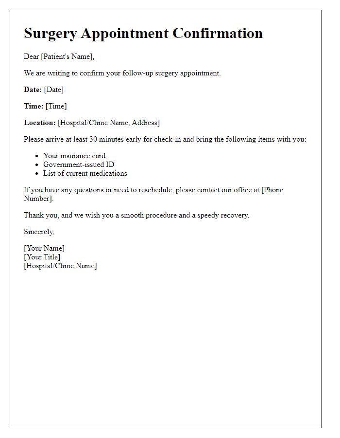 Letter template of surgery appointment confirmation for follow-up surgery