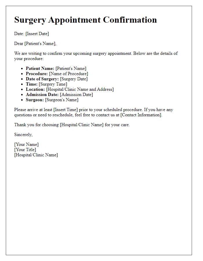 Letter template of surgery appointment confirmation for inpatient procedure