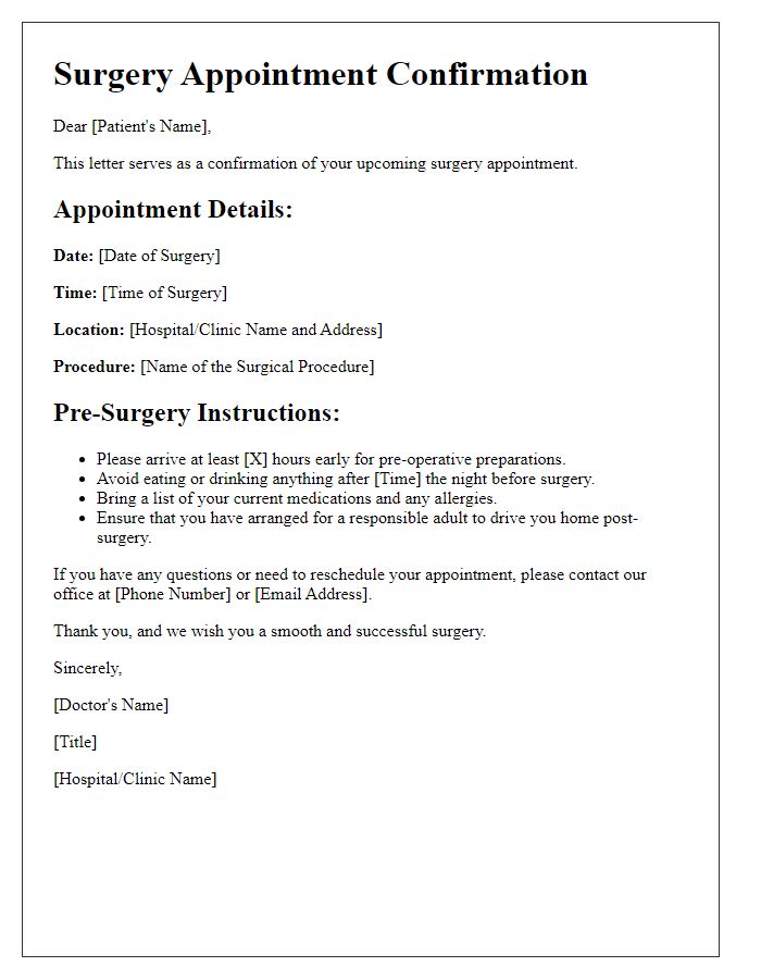 Letter template of surgery appointment confirmation for major surgical procedure