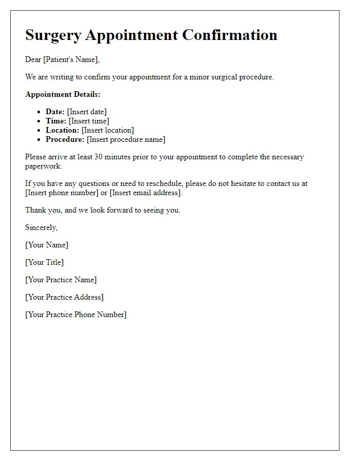 Letter template of surgery appointment confirmation for minor surgical procedure