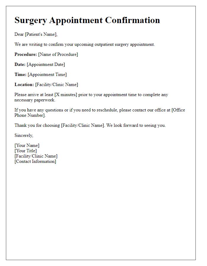 Letter template of surgery appointment confirmation for outpatient procedure