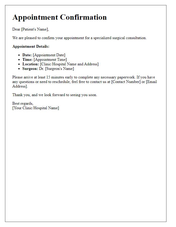 Letter template of surgery appointment confirmation for specialized surgical consultation