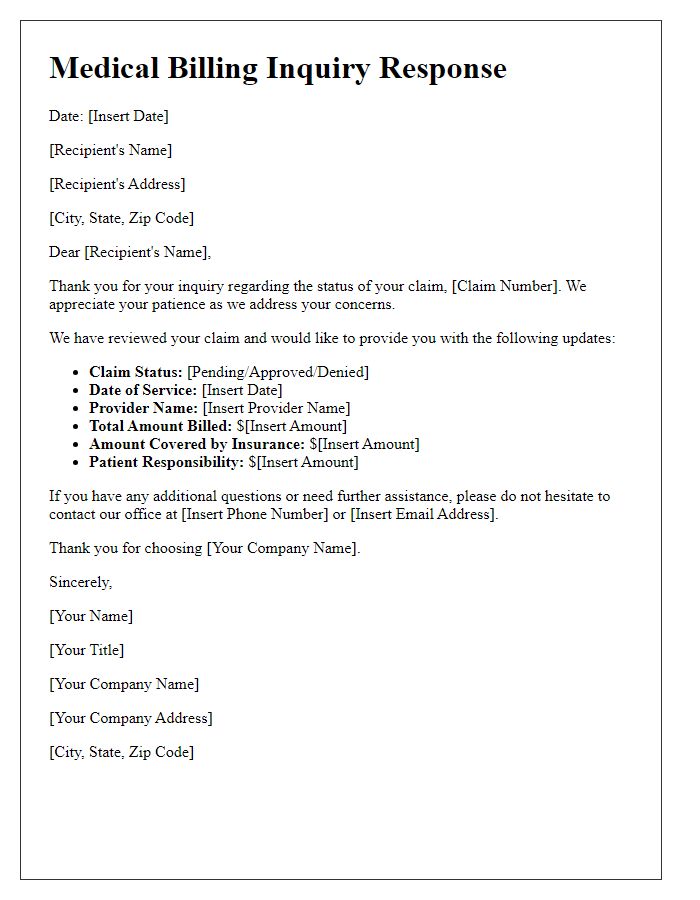 Letter template of medical billing inquiry response for claim status update.