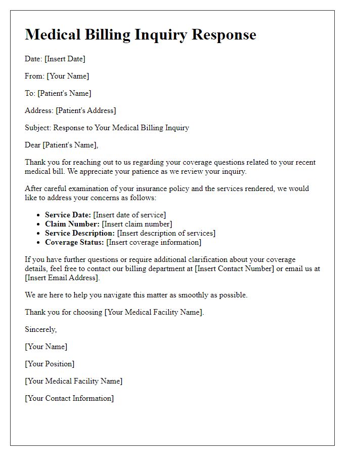 Letter template of medical billing inquiry response for coverage questions.