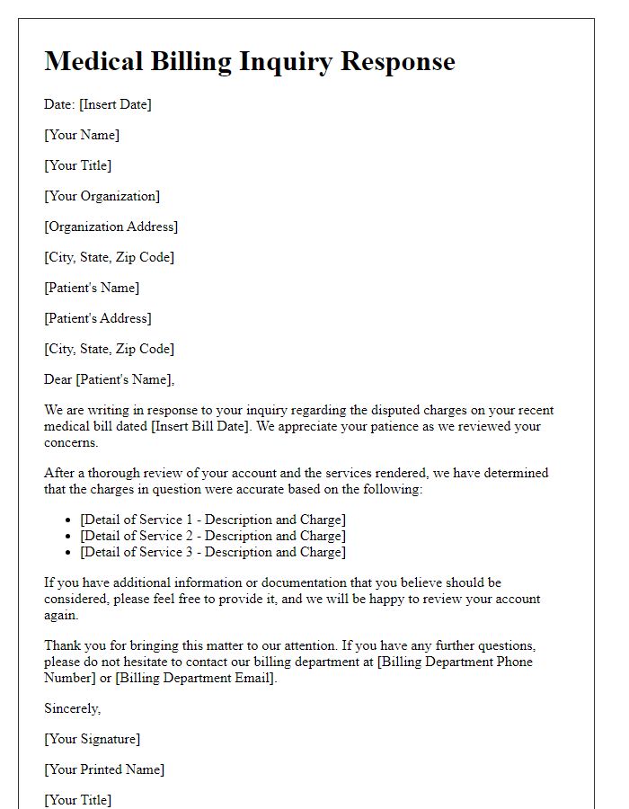 Letter template of medical billing inquiry response for disputed charges.