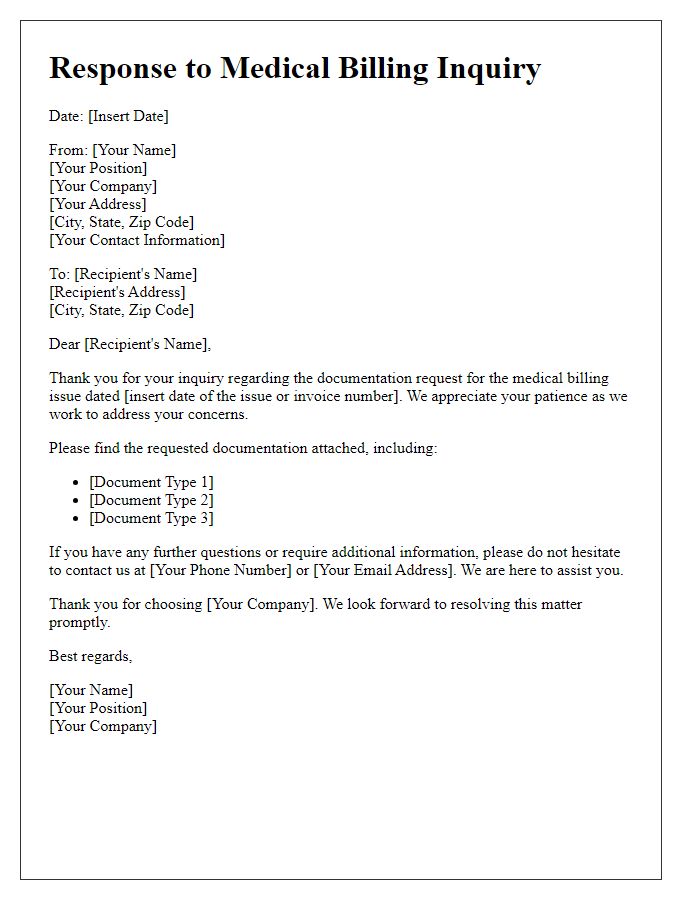 Letter template of medical billing inquiry response for documentation request.