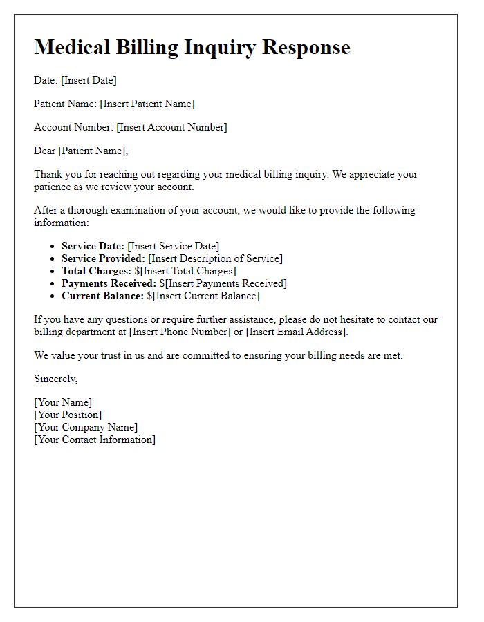 Letter template of medical billing inquiry response for patient account review.