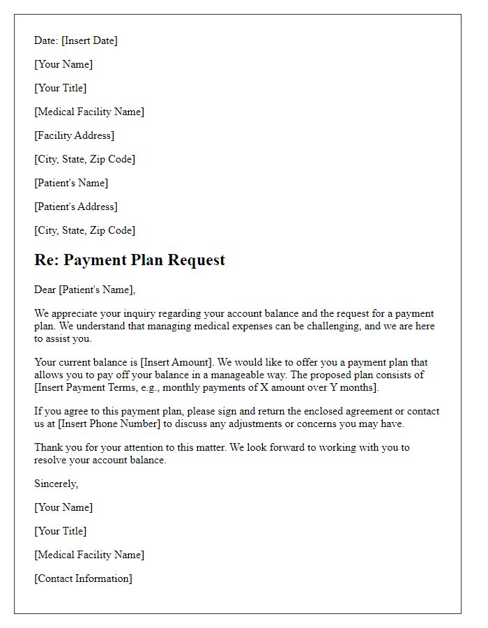 Letter template of medical billing inquiry response for payment plan request.