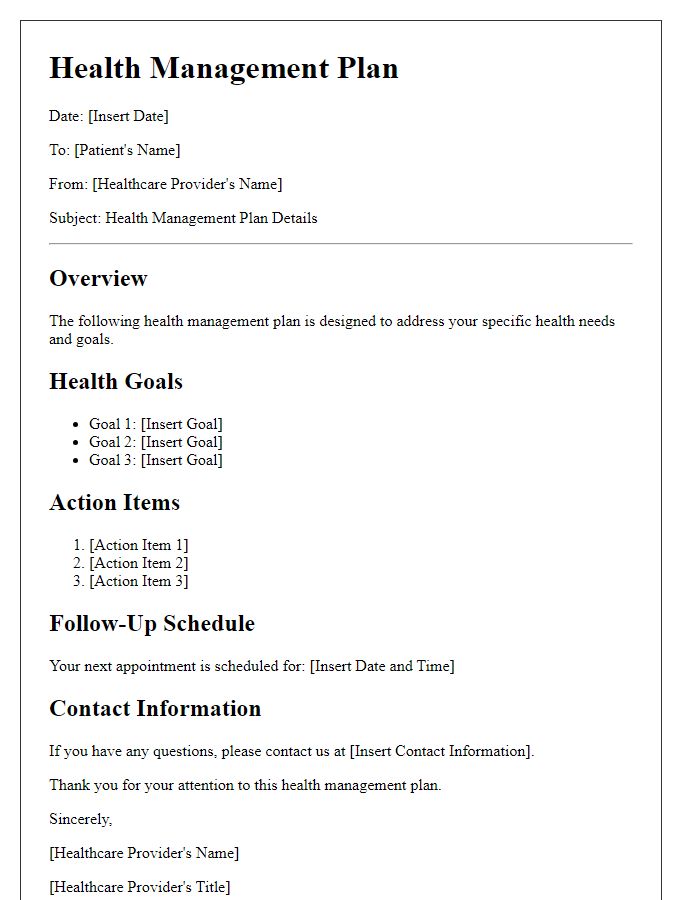 Letter template of health management plan details