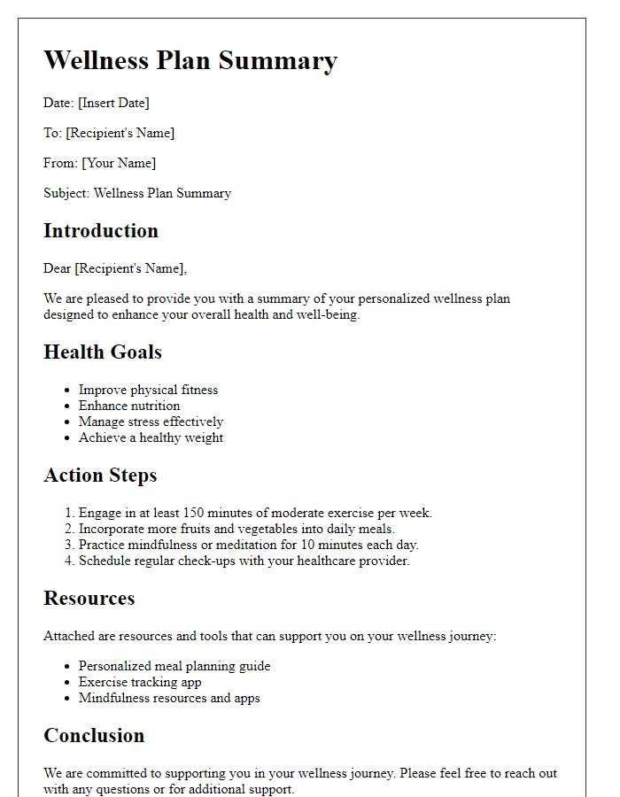 Letter template of wellness plan summary