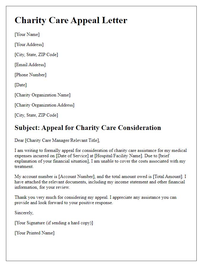 Letter template of appeal for charity care consideration