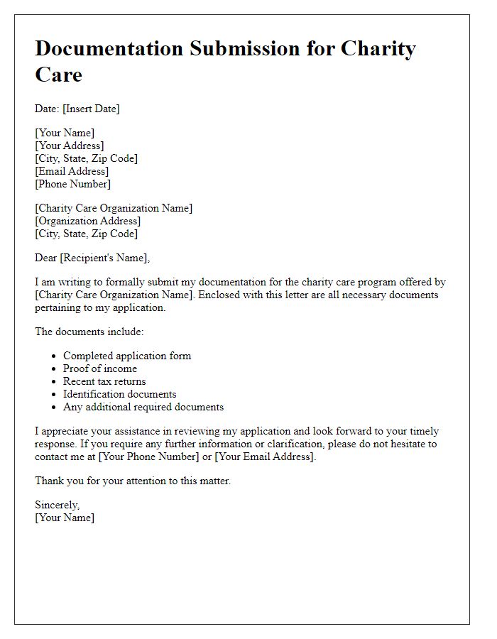 Letter template of documentation submission for charity care