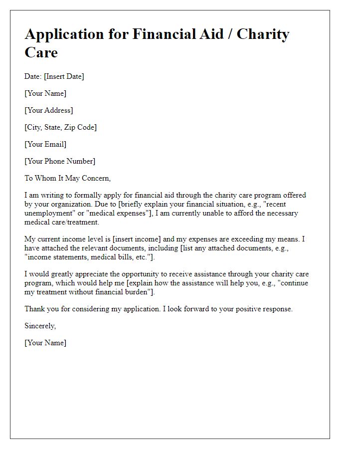 Letter template of financial aid application for charity care