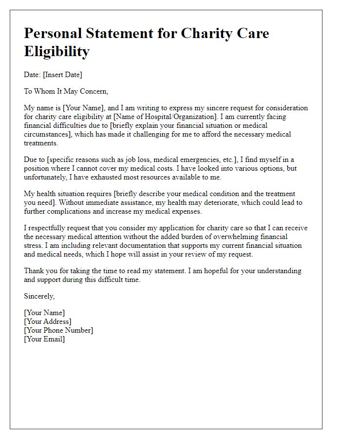 Letter template of personal statement for charity care eligibility