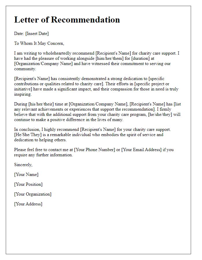 Letter template of recommendation for charity care support