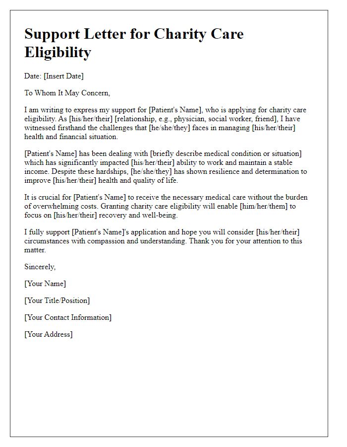 Letter template of support letter for charity care eligibility