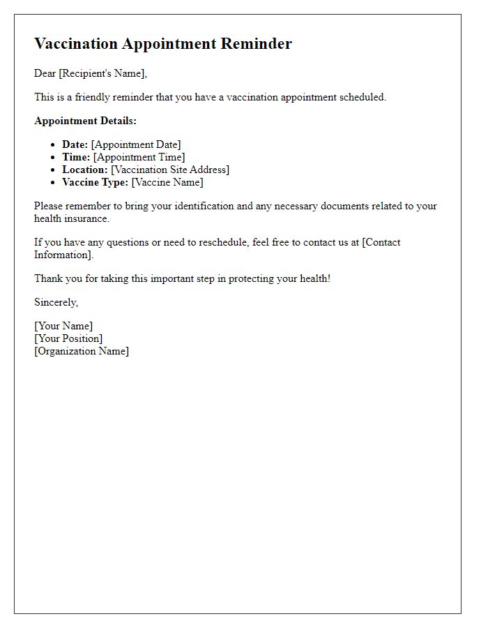 Letter template of vaccination appointment reminder for adults.