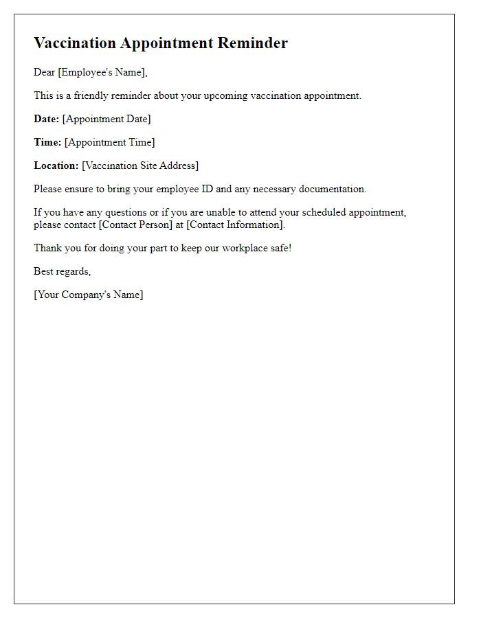 Letter template of vaccination appointment reminder for employees.