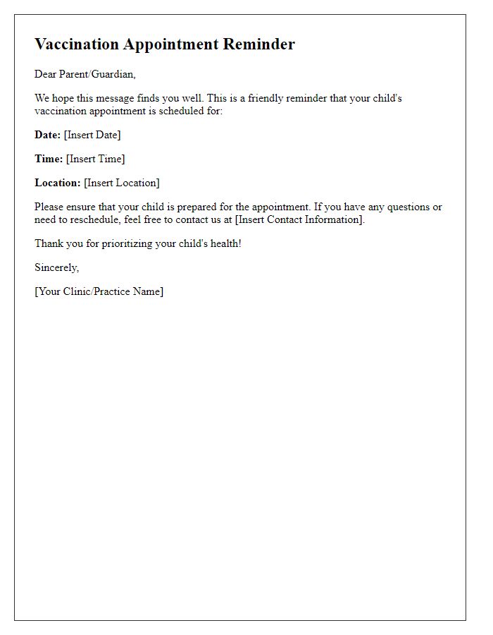 Letter template of vaccination appointment reminder for parents.