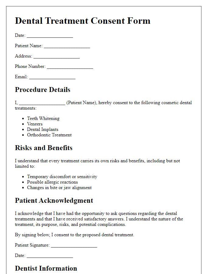 Letter template of dental treatment consent for cosmetic dentistry.