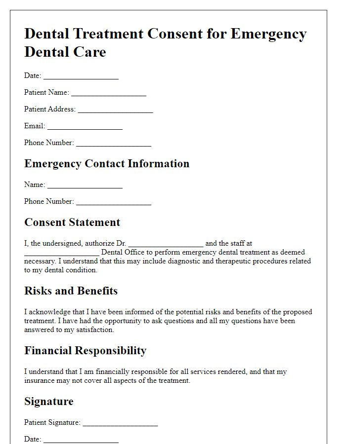 Letter template of dental treatment consent for emergency dental care.