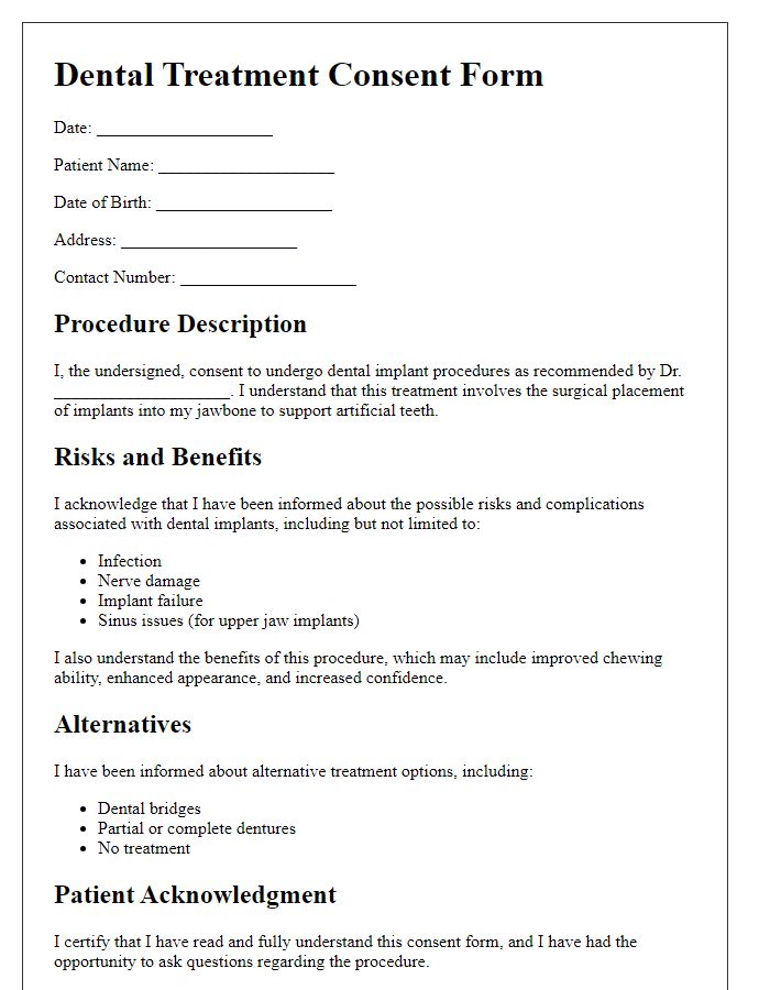 Letter template of dental treatment consent for implant procedures.