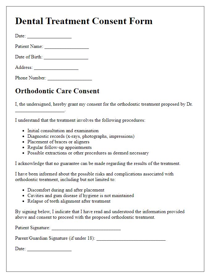 Letter template of dental treatment consent for orthodontic care.