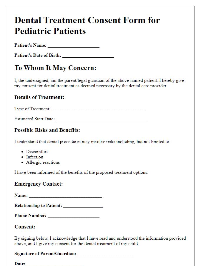 Letter template of dental treatment consent for pediatric patients.