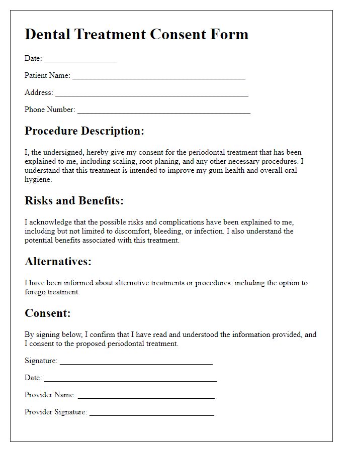 Letter template of dental treatment consent for periodontal treatment.