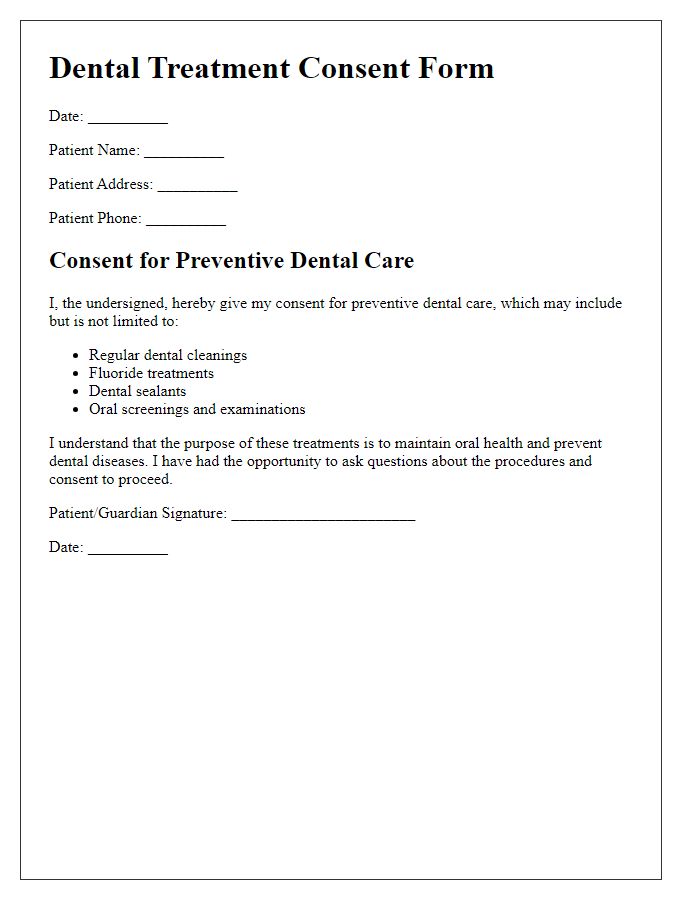 Letter template of dental treatment consent for preventive dental care.