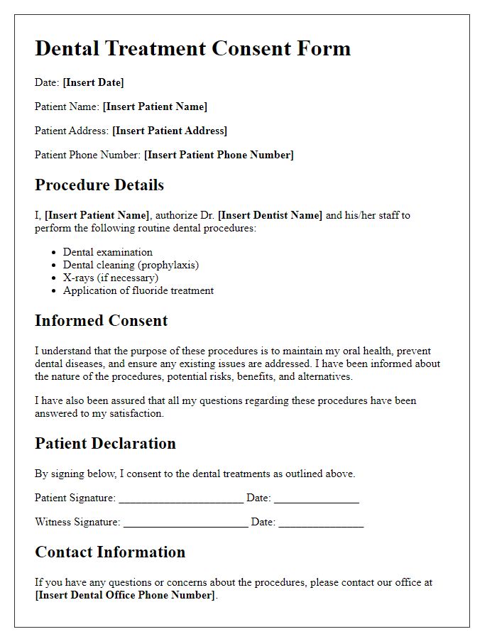 Letter template of dental treatment consent for routine procedures.