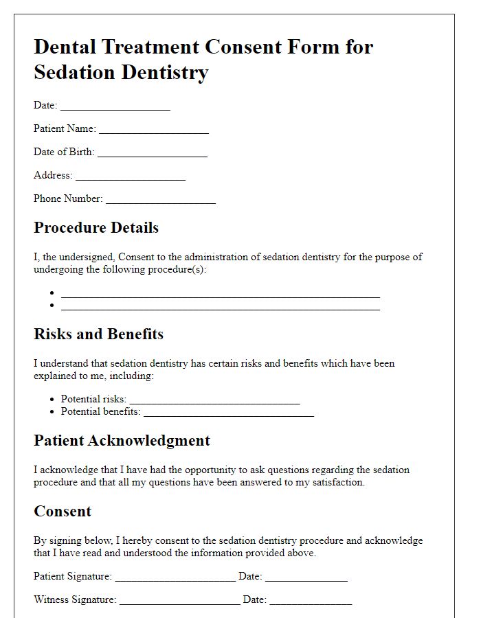 Letter template of dental treatment consent for sedation dentistry.