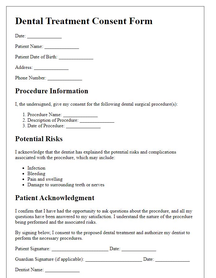 Letter template of dental treatment consent for surgical interventions.