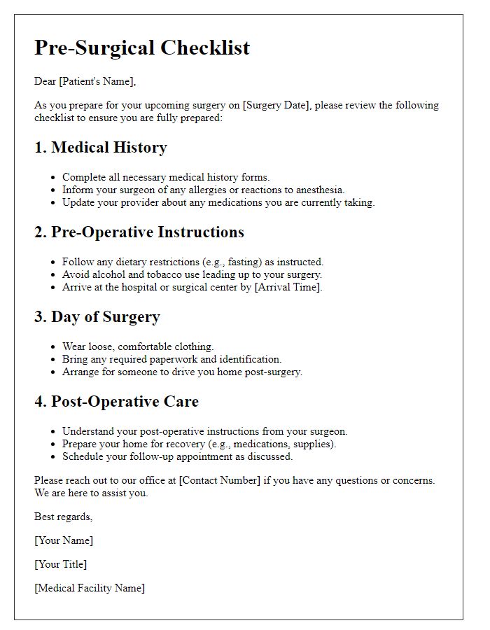 Letter template of detailed pre-surgical checklist