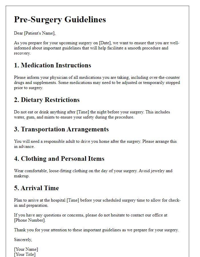 Letter template of essential pre-surgery guidelines