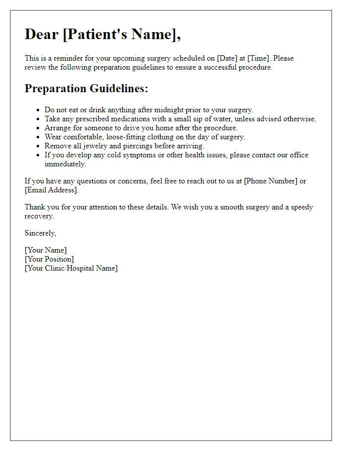 Letter template of patient surgery preparation reminders